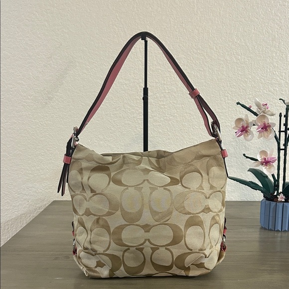 Coach F15067 Beige and Pink Shoulder Monogram Canvas and Leather Bag - Picture 1 of 11